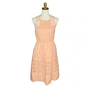 REBECCA TAYLOR | Peach Sleeveless Drawstring Waist  Eyelet Back Midi Dress S